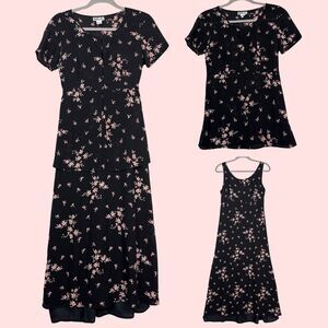 Vtg Y2K 2-Piece Maxi Dress Set 10 Black Floral Babydoll Cardigan Fairy Cottage